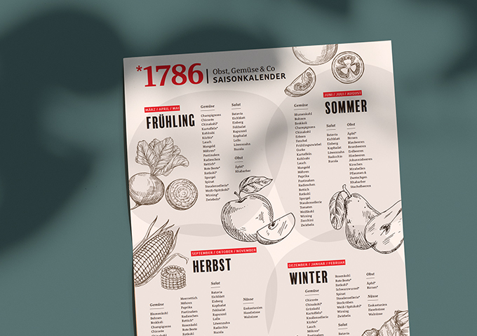 Ein Saisonkalender in deutscher Sprache mit dem Titel 1786 Obst, Gemüse & Co Saisonkalender listet Obst und Gemüse nach Jahreszeiten auf - Frühling, Sommer, Herbst und Winter - und enthält handgezeichnete Illustrationen zu den Produkten.