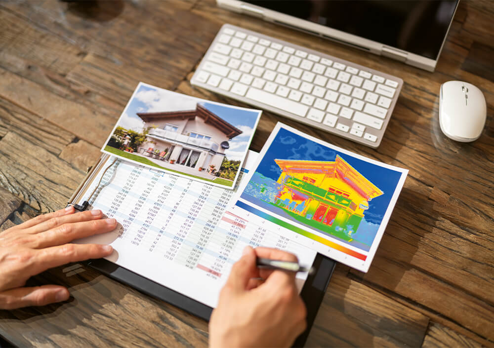Eine Person begutachtet ein Klemmbrett mit einem Arbeitsblatt, mit ausgedruckten Fotos eines Hauses und seiner Wärmebildkarte auf einem Holztisch neben einer Tastatur und einer Maus.