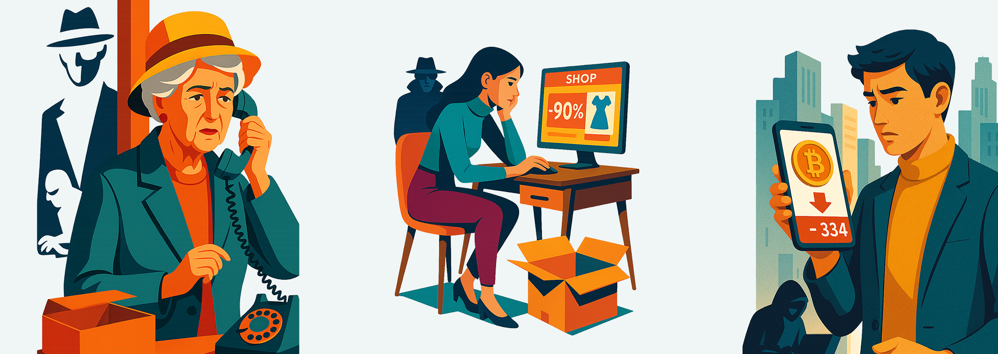 Die Illustration zeigt drei Betrugsfälle: eine ältere Frau, die einen verdächtigen Anruf erhält, eine Frau, die online einkauft und hinter der eine schattenhafte Gestalt steht, und ein Mann, der besorgt auf ein Telefon schaut, das einen Bitcoin-Absturz anzeigt.