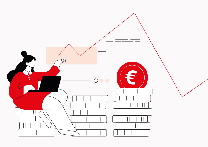 Illustration einer Frau, die mit einem Laptop auf gestapelten Münzen sitzt und in Richtung eines steigenden Liniendiagramms und eines großen Euro-Symbols gestikuliert, das finanzielles Wachstum oder Investitionen symbolisiert.