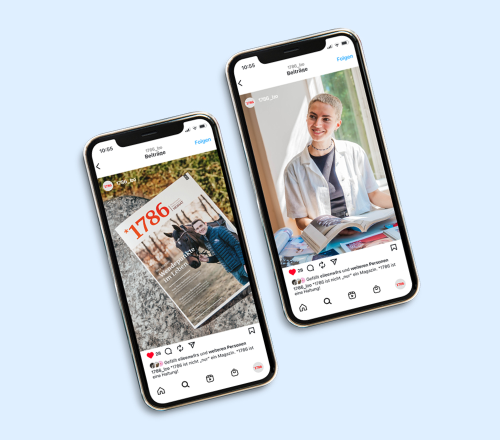 Zwei Smartphones zeigen Instagram-Beiträge an. Das linke Telefon zeigt eine Person, die einen großen Kalender mit einem Pferd hochhält, während das rechte Telefon eine Person in einem Arztkittel zeigt, die ein Buch liest und in die Kamera lächelt.