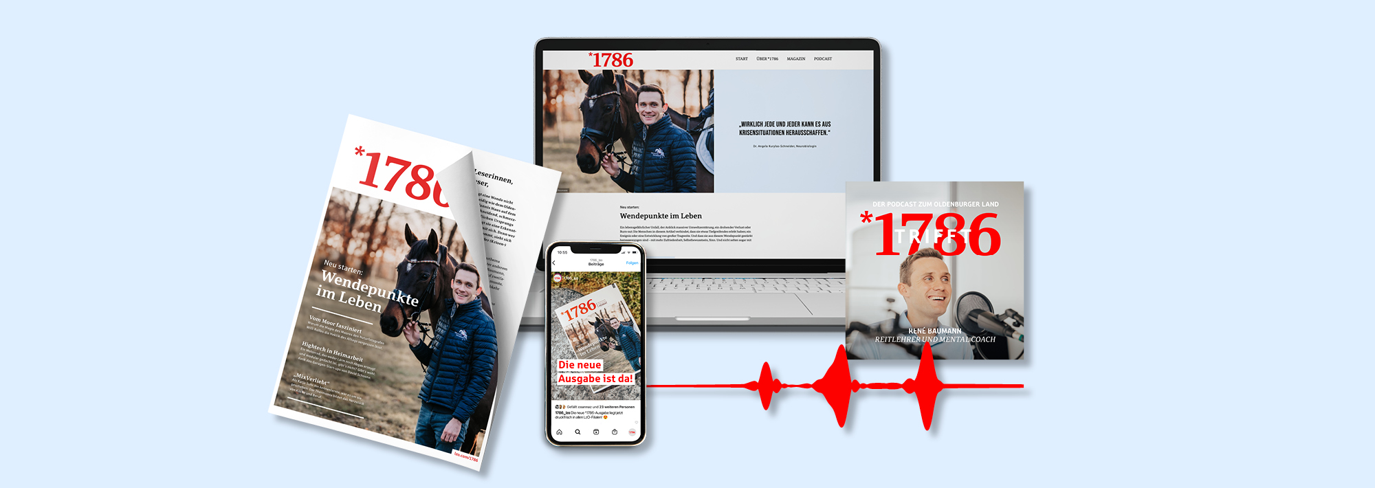 Eine Zeitschrift, ein Smartphone, ein Laptop und ein Buch zeigen das Cover des Magazins 1786, das einen Mann in einer blauen Jacke und ein schwarzes Pferd zeigt. Unter den Artikeln erscheint eine rote Schallwellengrafik vor einem hellblauen Hintergrund.