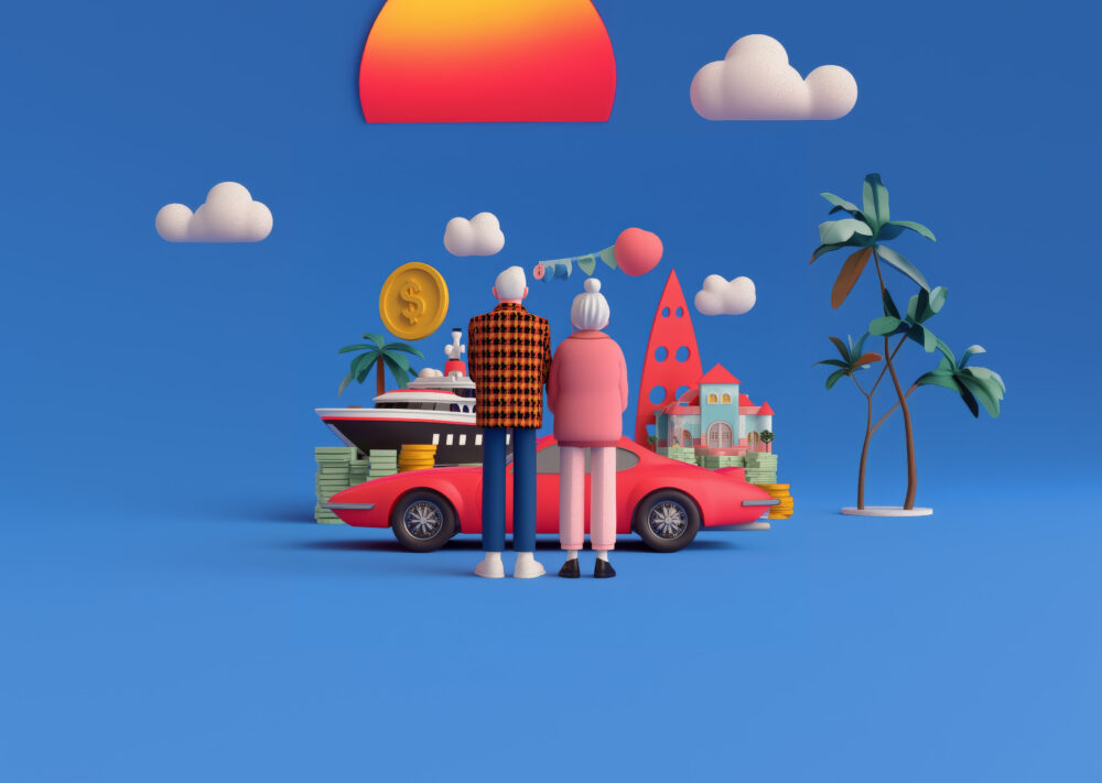 Zwei Zeichentrickfiguren stehen neben einem roten Auto und blicken auf eine Szene mit einer Jacht, Palmen, Gebäuden, einer Münze, Wolken und einer großen orange-gelben Sonne auf blauem Hintergrund - ein perfektes Bild für die Aufregung des Reisens und die versteckten Risiken des Betrugs.