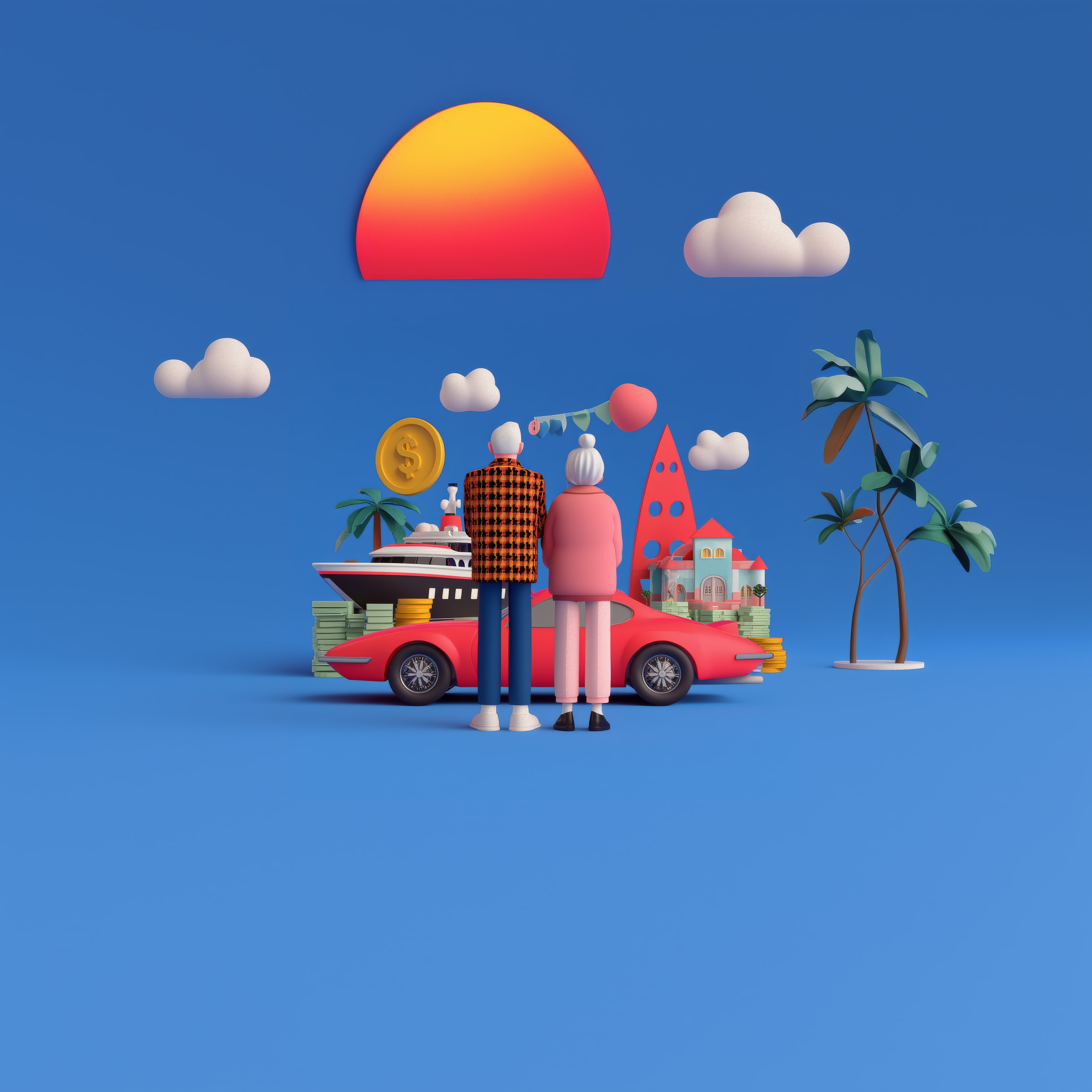 Zwei Zeichentrickfiguren stehen neben einem roten Auto und blicken auf eine Szene mit einer Jacht, Palmen, Gebäuden, einer Münze, Wolken und einer großen orange-gelben Sonne auf blauem Hintergrund - ein perfektes Bild für die Aufregung des Reisens und die versteckten Risiken des Betrugs.
