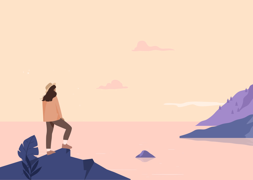 Illustration einer Frau mit Hut, die auf einem Felsen am Wasser steht und auf einen pastellfarbenen Himmel und ferne lila Hügel blickt - eine Abenteuer-Psychologe-Szene. Ein großes Blatt ist im Vordergrund, mit Bäumen und einem kleinen Felsen auf der anderen Seite des Wassers.