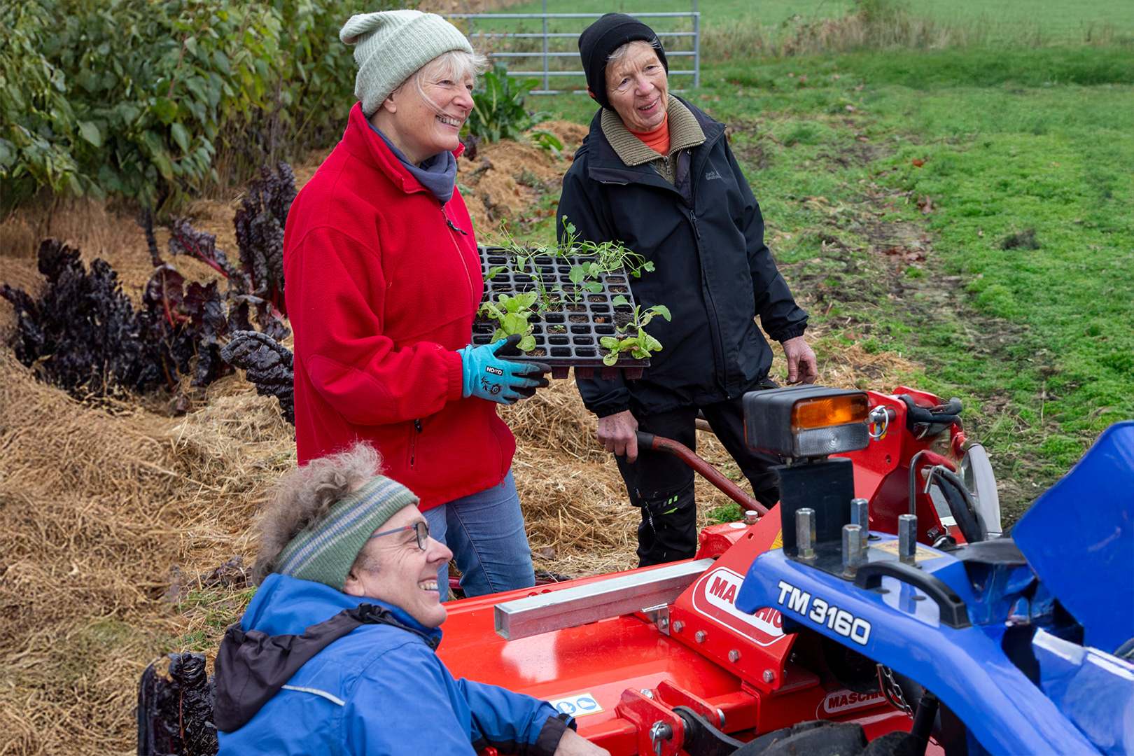 Drei lächelnde Menschen stehen im Freien neben einem roten Traktor – einer von ihnen hält ein Tablett mit Setzlingen in der Hand – und genießen die lebhafte Atmosphäre auf dem Mehrgenerationenplatz Petersfeld. In warmer Kleidung und mit Mützen bekleidet verkörpern sie den Geist der Dorfgemeinschaft, während sie vor einer Kulisse aus Feldern, Stroh und üppig grünen Pflanzen stehen.