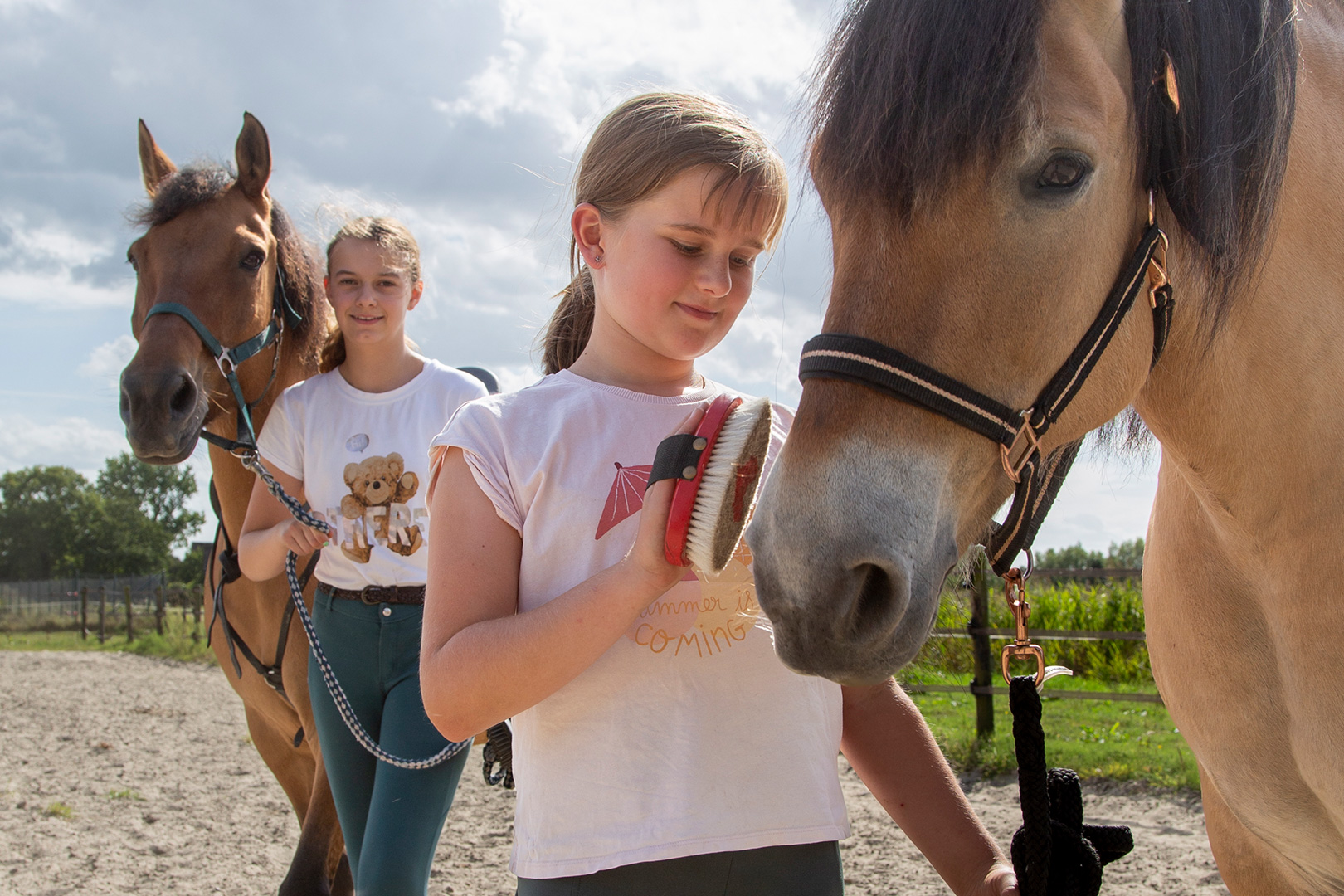 Zwei Mädchen mit hellem Haar, die zur DPSG Füchtel Pfadfinder-Jugendarbeit gehören, führen an einem sonnigen Tag Pferde im Freien und pflegen sie. Ein Mädchen bürstet ein hellbraunes Pferd, während das andere die Zügel eines braunen Pferdes hält – ein Bild, das den Geist der Aktivitäten im Ferienlager einfängt. Im Hintergrund sind Bäume und ein Zaun zu sehen.